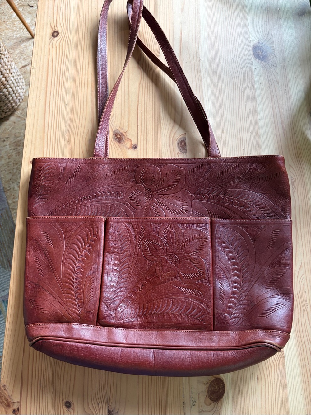 Hand-Tooled Floral Leather Shoulder Tote in Burgundy